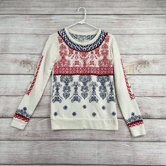 Lucky Lotus BOHO Embroidered Long Sleeve Sweater Women's Size XS‎ White/Blue/Red - Picture 1 of 7